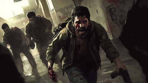 Injured man charging forward in chaotic urban attack