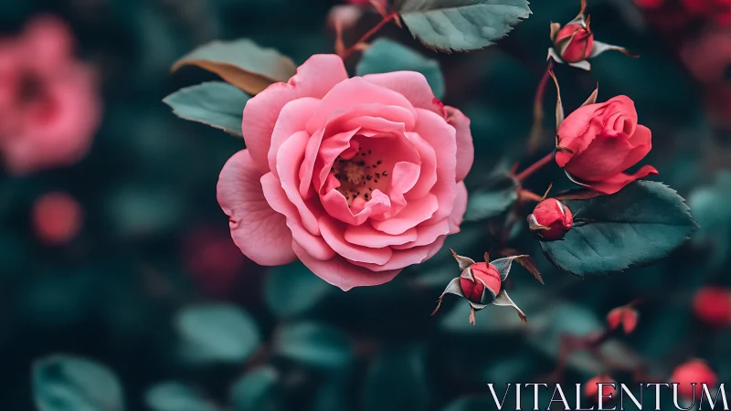 Pink garden roses with closed buds and teal foliage