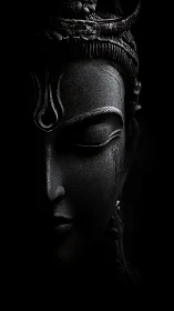 Side-lit stone deity face sculpture is partially obscured