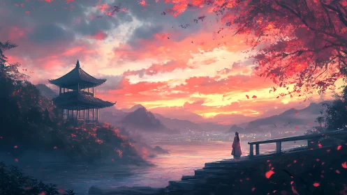 Autumn lakeside shrine at dusk with distant illuminated valley