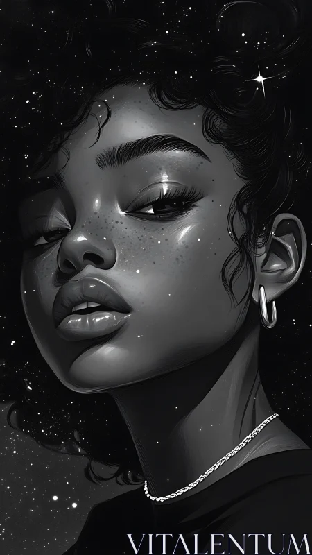 Starlit portrait merges cosmic night sky with poised gaze.