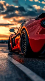Low-angle view of red supercar glistening at sunset.