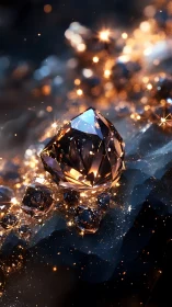 Radiant amber crystal cluster on shimmering dark ore surface.