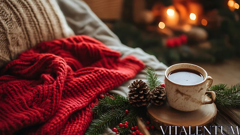 Cozy holiday mug and red knit blanket in warm candlelight.