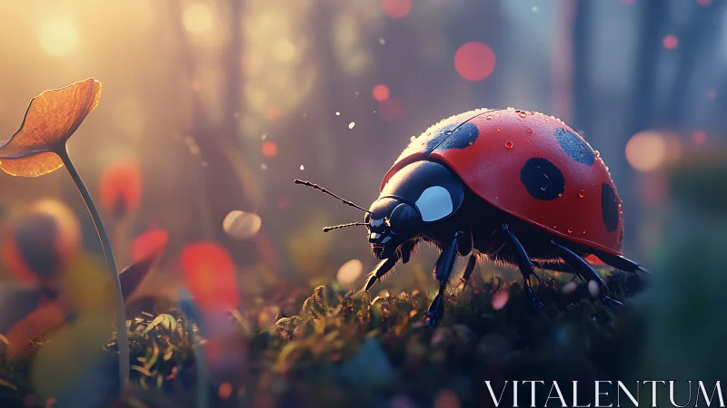 Ladybug walks through dewy forest floor in soft sunrise light