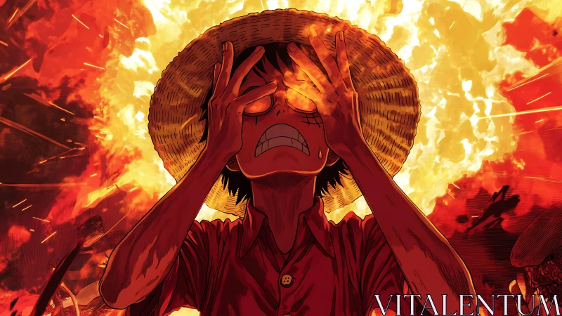Straw hat anime figure shielding eyes before intense flames.