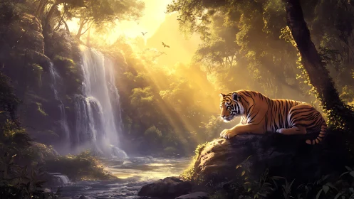 Golden sunlight crowns a resting tiger by a jungle waterfall