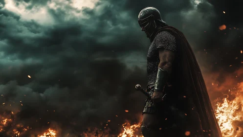 Armored warrior stands amid flames under dense storm clouds