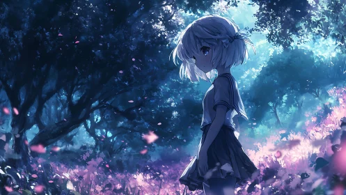 Twilight blossoms cradle a quiet girl in shimmering blue