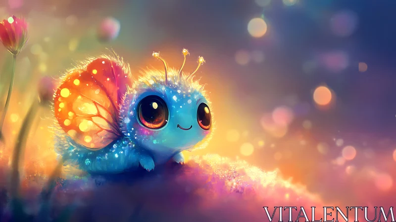 Starlit cuddlebug with glowing wings in dreamy meadow dusk.