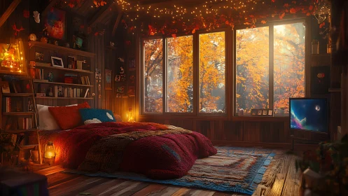 Cozy autumn bedroom with warm lights and forest view.