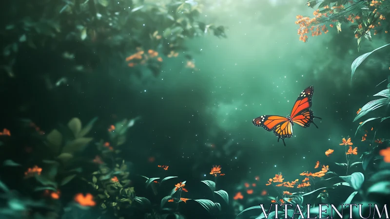 Monarch butterfly in stylized green forest environment.