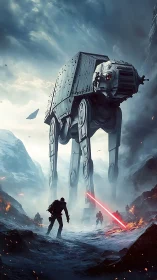 Colossal walker strides through icy battlefield inferno.