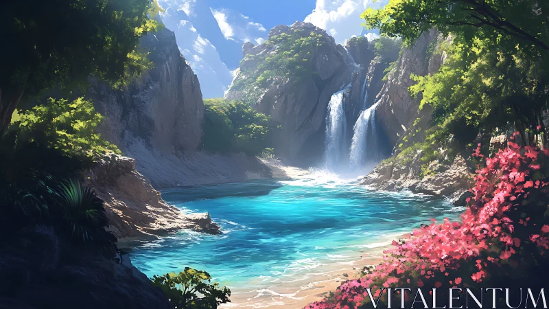 Turquoise cove and twin falls under storybook sunlight.