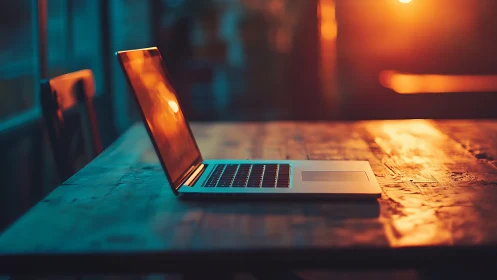 Sunlit laptop on rustic desk in cinematic warm bokeh light.