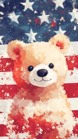 Bear illustration stands before stylized United States flag