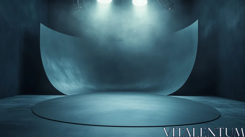 Curved minimal studio stage under focused overhead lights.