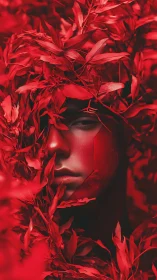 Monochrome red portrait intertwines human face and dense foliage