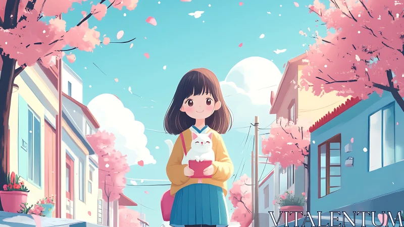Anime girl with cat under cherry blossoms in pastel street scene