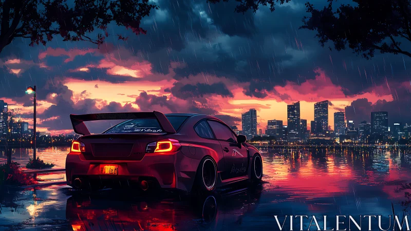 Modified red car beside city waterfront at rainy sunset.