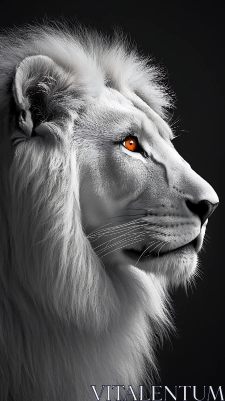 Photorealistic white lion profile with high-contrast detailing.