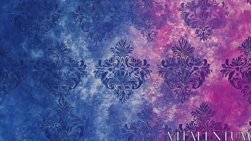 Ornate damask pattern glows over textured blue and pink haze