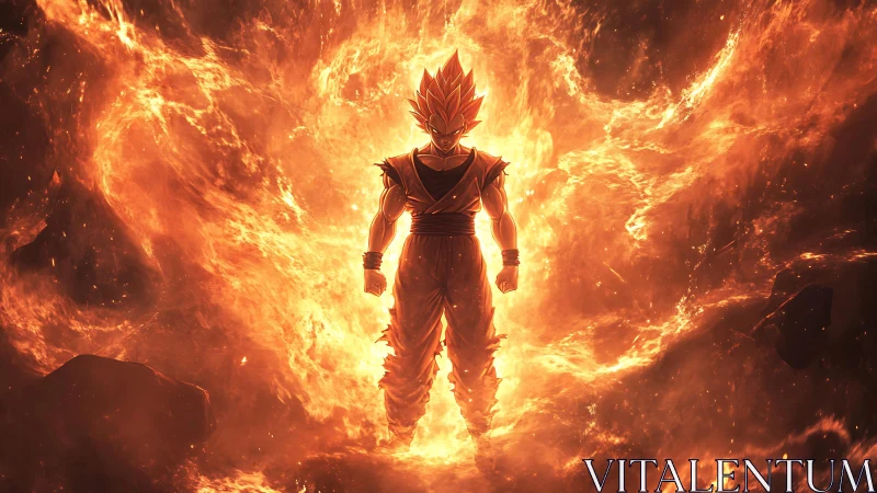 Anime energy warrior in infernal radial flame vortex composition.