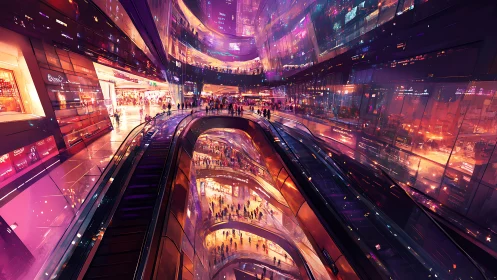 Shimmering futuristic mall glows with lively evening energy