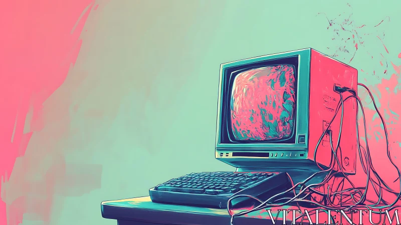 Retro computer glows in neon vaporwave studio light.