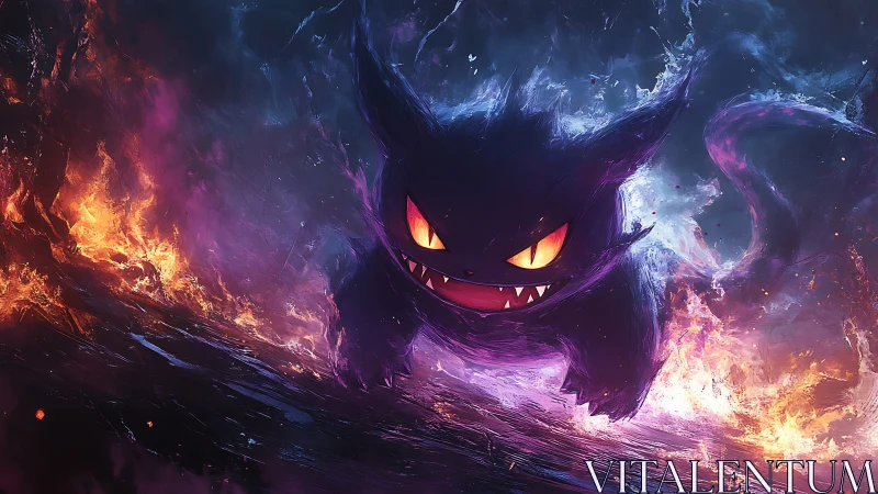 Spectral creature advances through bi‑colored fire and smoke