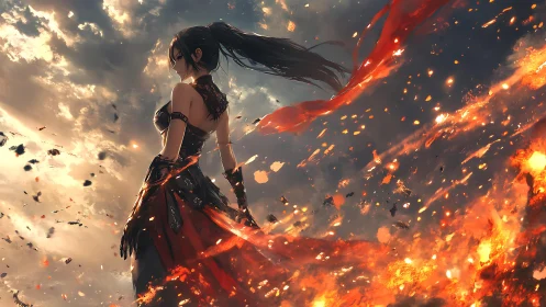 Female warrior in black and red amid drifting fire embers.