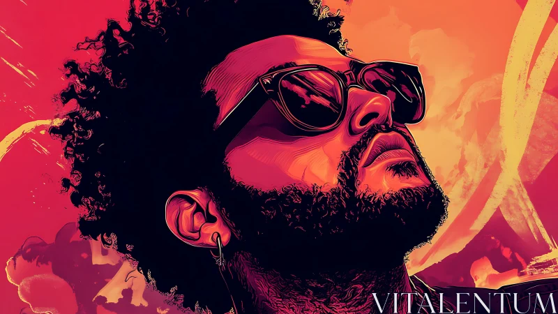 Bold neon portrait of man in sunglasses against sunset sky.