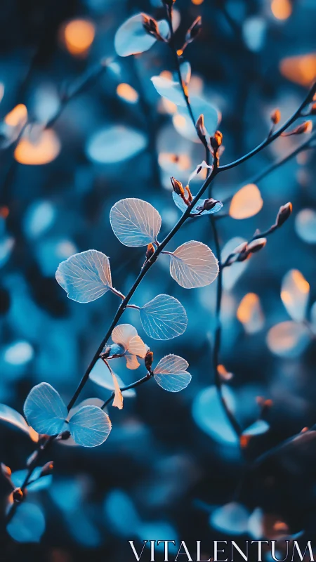 Blue bokeh leaves glow with warm cinematic contrast.