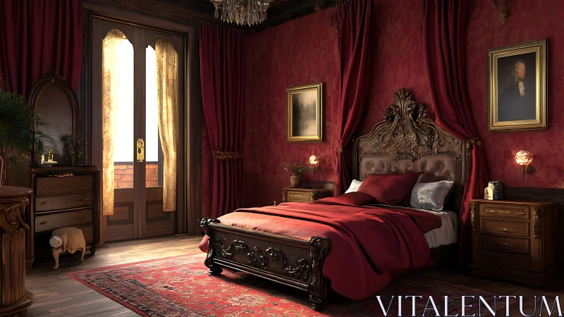 Opulent red bedroom shows ornate carved bed and warm daylight