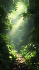 Sunlit Path Through Emerald Forest.