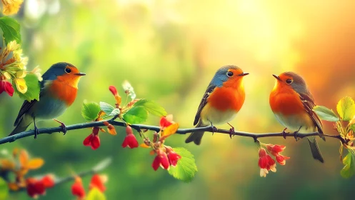Three Colorful Robins on a Blossoming Branch, Soft Spring Light.