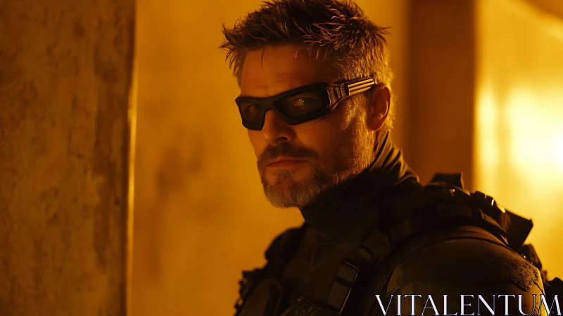 Man in tactical gear stands in orange cinematic lighting