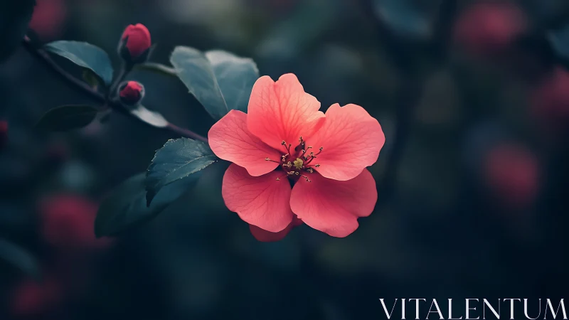 Coral pink flower specimen with unopened buds and teal foliage.