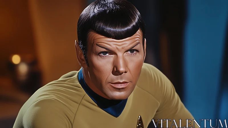 Calm sci fi officer gazing ahead with focused curiosity.