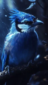 Raindrop-kissed blue jay rests calmly on a moonlit branch