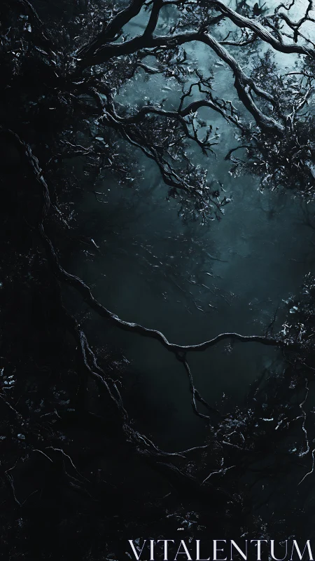 Nocturnal tree canopy descends over murky teal forest void
