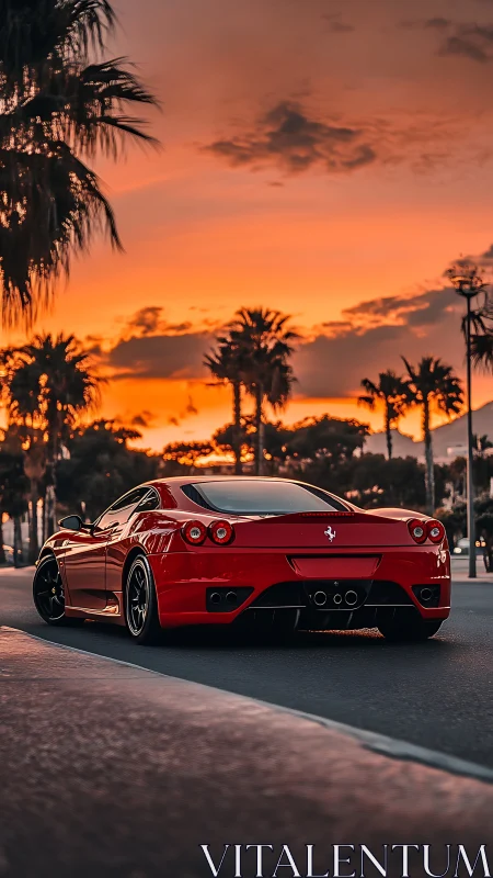 Scarlet supercar cruising beneath blazing coastal sunset.
