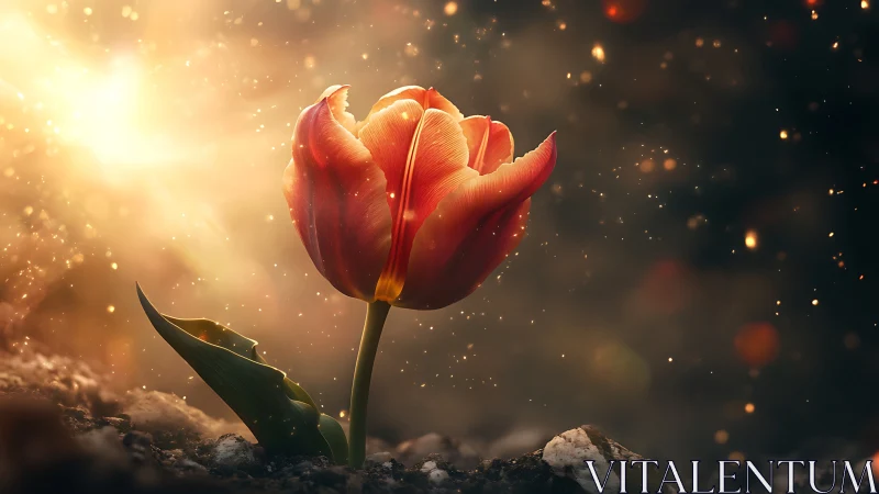 Red Tulip Illuminated by Golden Light Against Dark Background