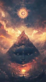 Starlit goddess-mountain dreams beneath an awakening sun gate