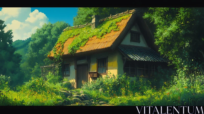 Sunlit forest cottage nestles gently in soft summer greenery