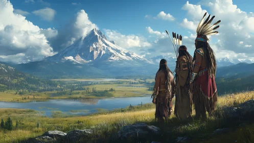 Indigenous hunters survey vast mountain valley at sunrise