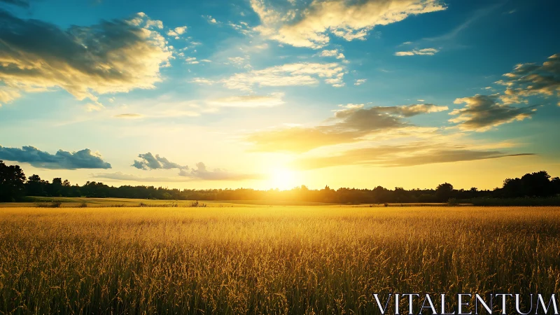 Golden evening sunlight gently warms a quiet country field