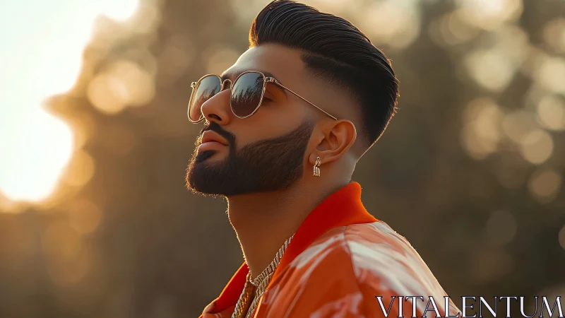 Stylish man in sunglasses with groomed beard outdoors.