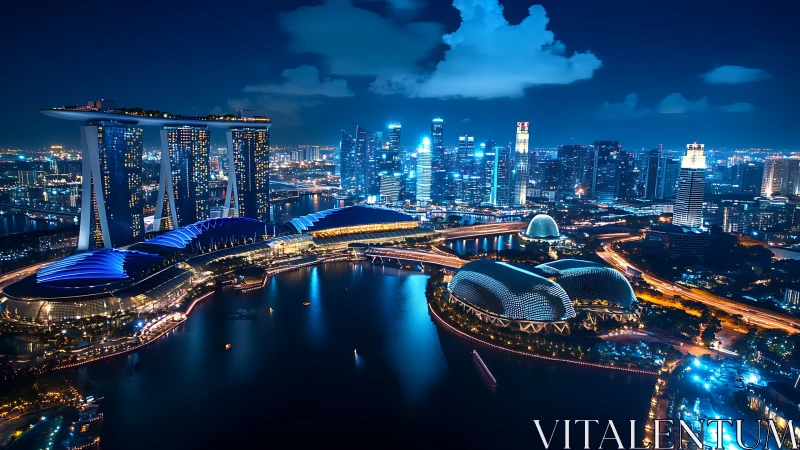 Singapore marina skyline glowing in electric blue light.
