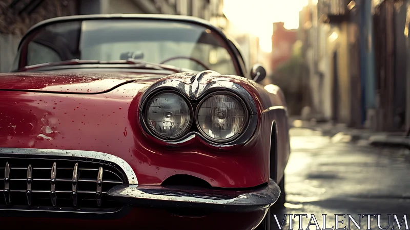 Sunlit city alley cradles a lovingly worn red classic car.